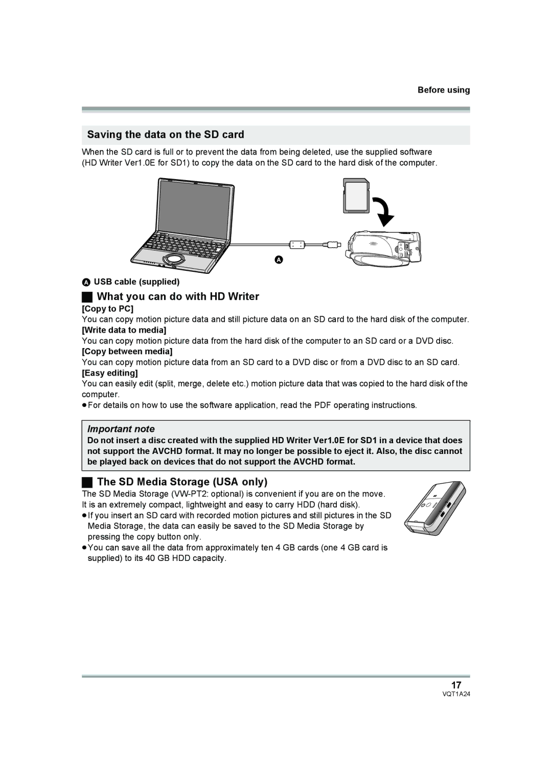 Panasonic HDC-SD1PP Saving the data on the SD card, What you can do with HD Writer, SD Media Storage USA only 