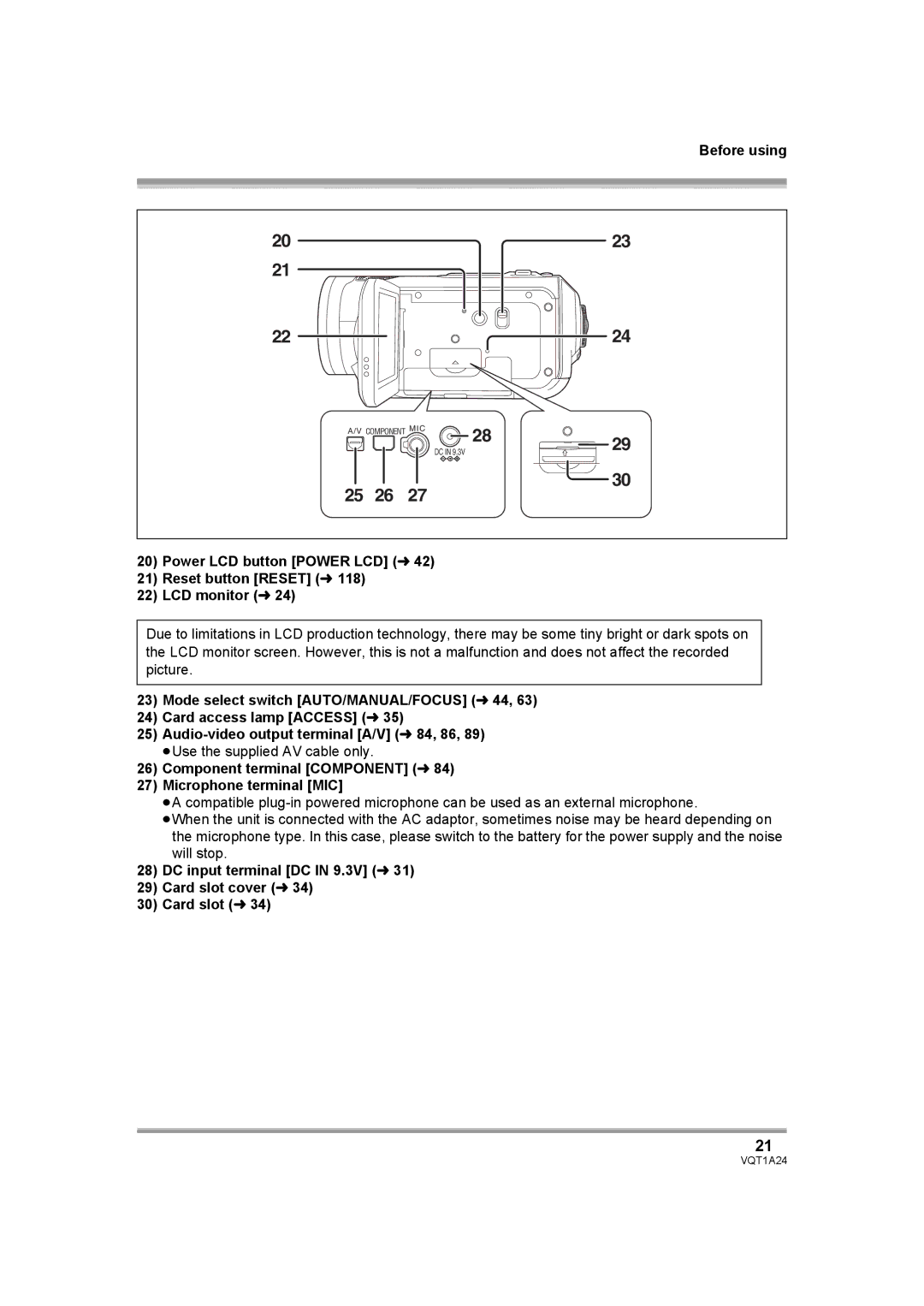 Panasonic HDC-SD1PP ≥Use the supplied AV cable only, Component terminal Component l Microphone terminal MIC 