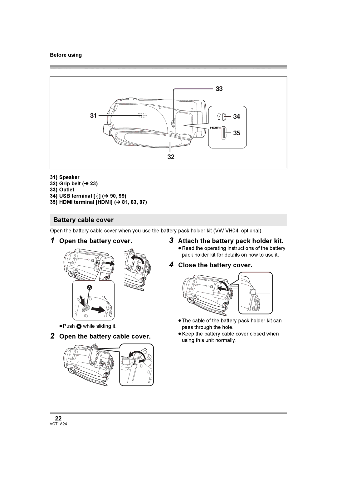 Panasonic HDC-SD1PP operating instructions Battery cable cover, Open the battery cover, Close the battery cover 