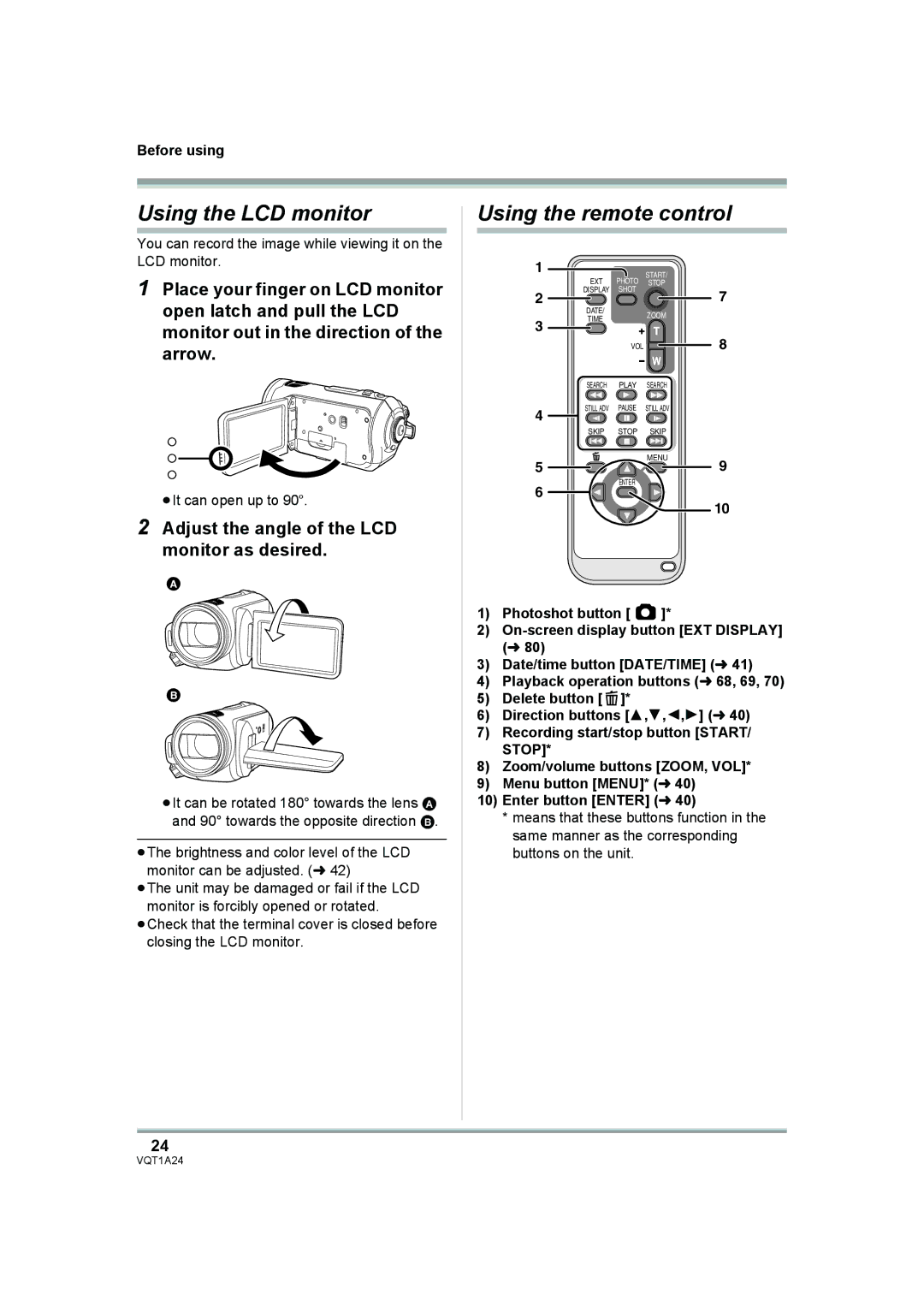 Panasonic HDC-SD1PP Using the LCD monitor, Using the remote control, Adjust the angle of the LCD monitor as desired 