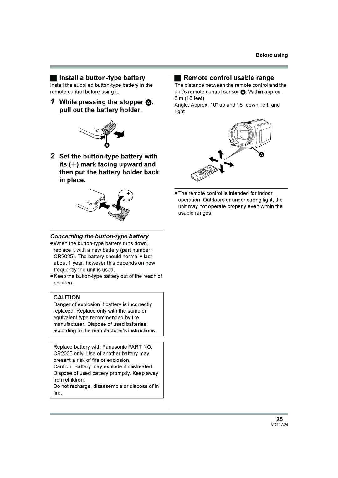 Panasonic HDC-SD1PP Install a button-type battery, Remote control usable range, Concerning the button-type battery 