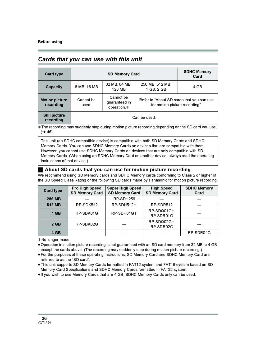 Panasonic HDC-SD1PP operating instructions Cards that you can use with this unit 