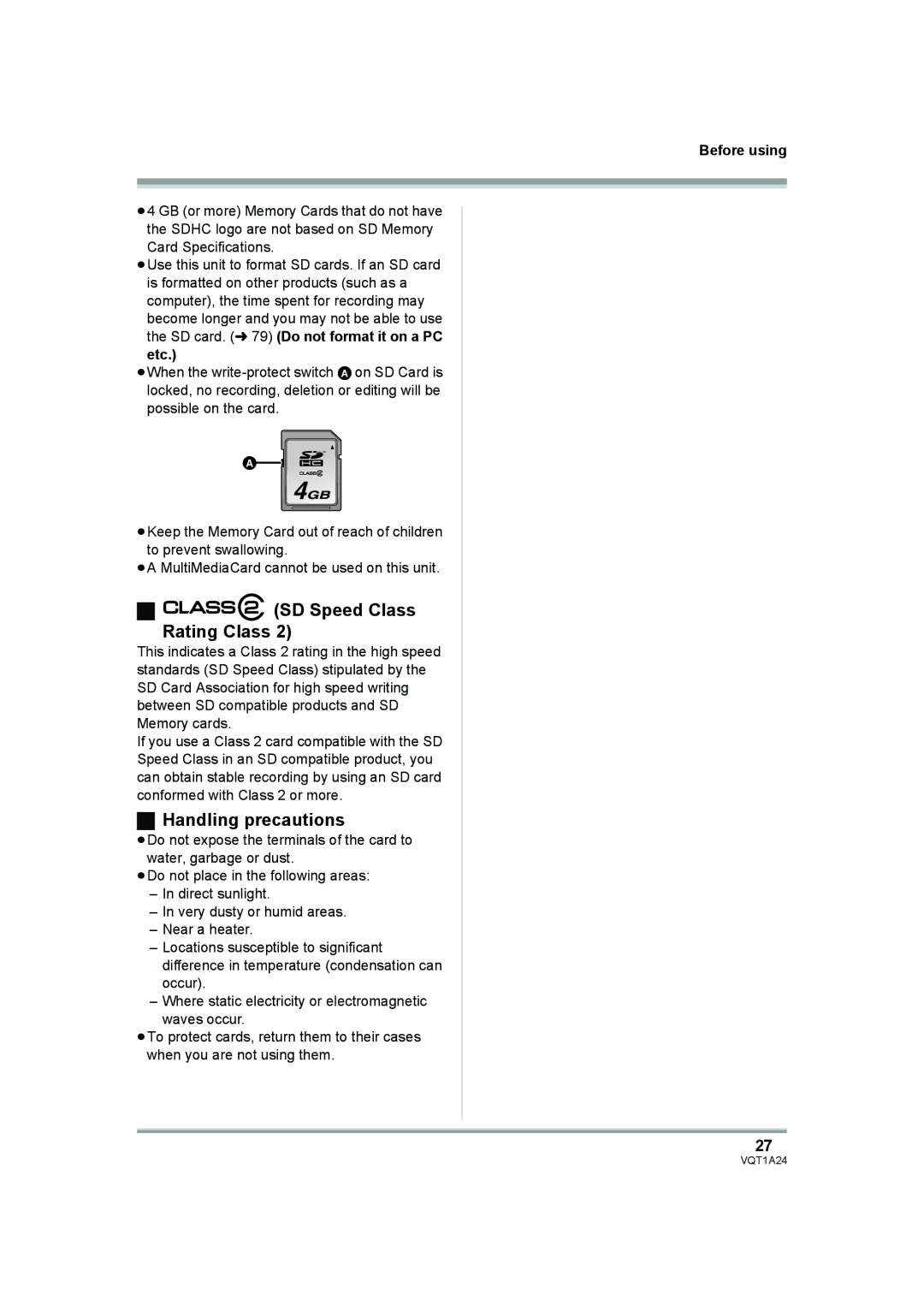 Panasonic HDC-SD1PP operating instructions SD Speed Class Rating Class, Handling precautions 