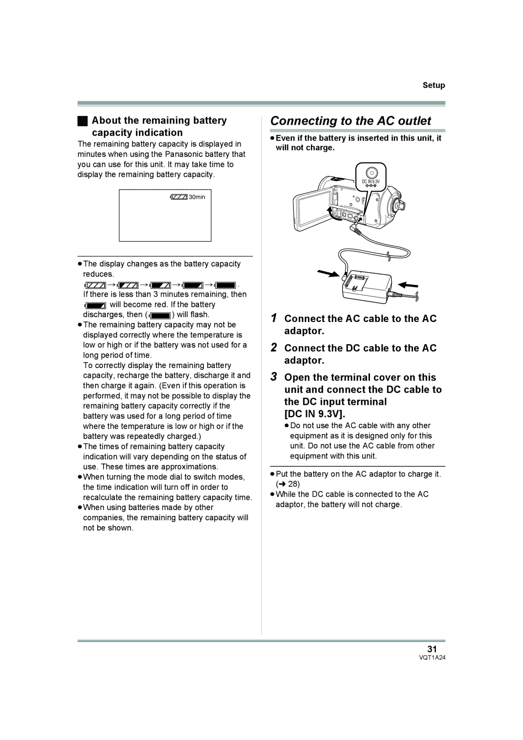 Panasonic HDC-SD1PP operating instructions Connecting to the AC outlet, About the remaining battery Capacity indication 