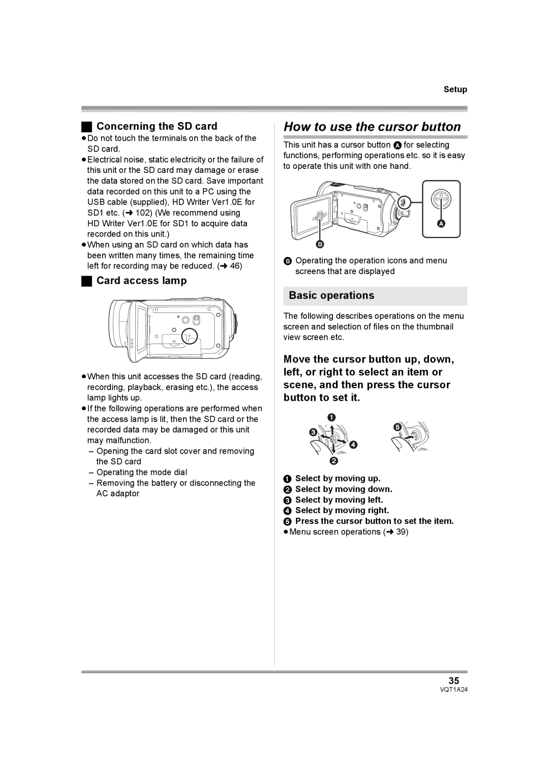 Panasonic HDC-SD1PP How to use the cursor button, Concerning the SD card, Card access lamp, Basic operations 