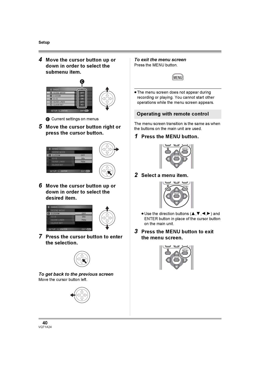 Panasonic HDC-SD1PP operating instructions Operating with remote control, Press the Menu button, Select a menu item 