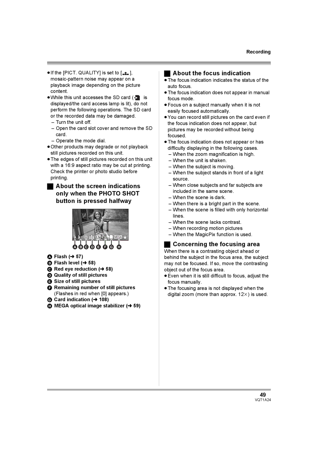 Panasonic HDC-SD1PP operating instructions About the focus indication, Concerning the focusing area 