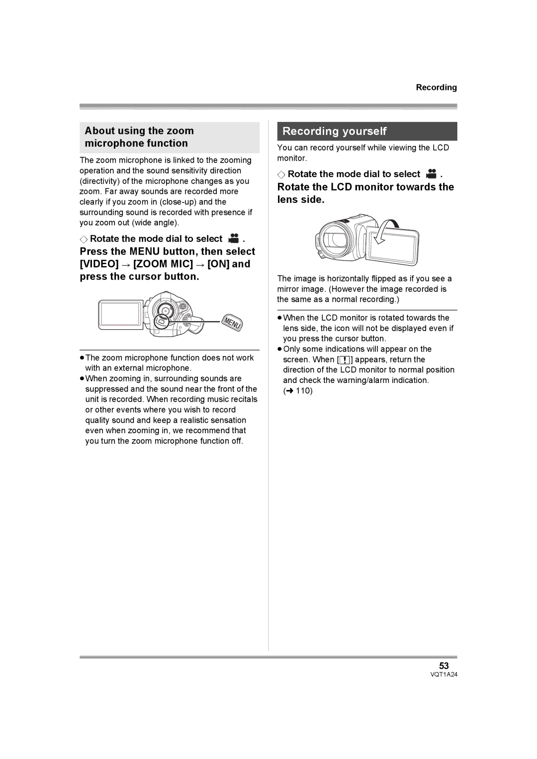 Panasonic HDC-SD1PP operating instructions Recording yourself, About using the zoom microphone function 