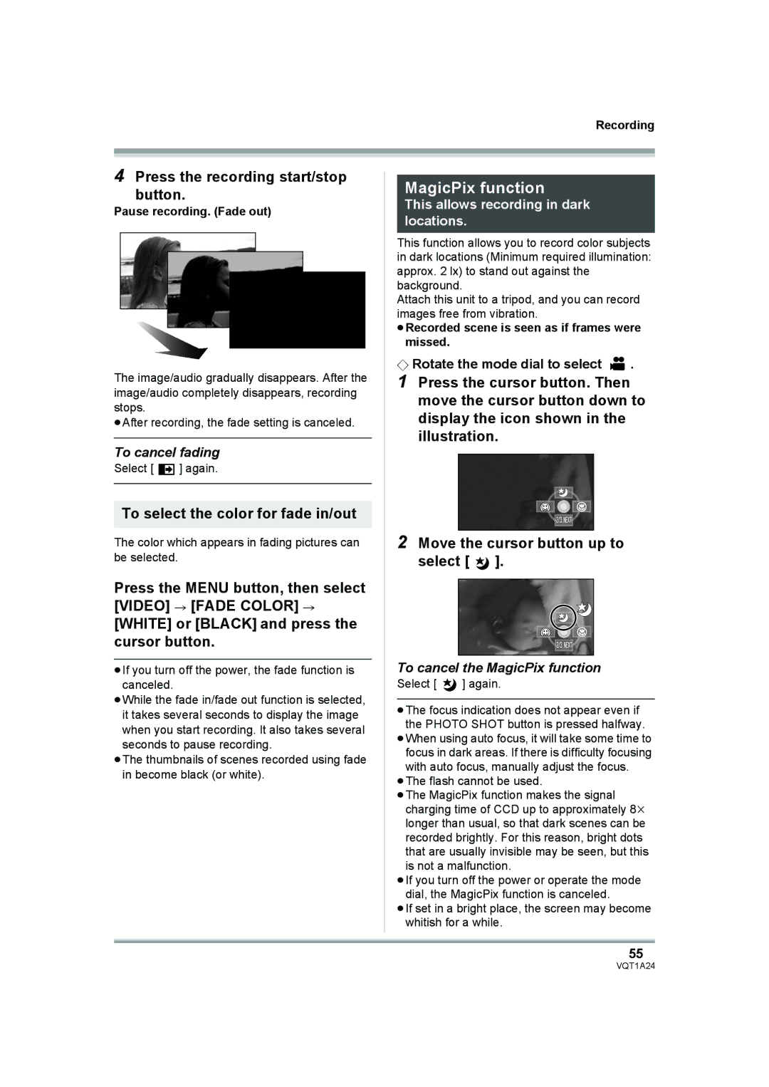 Panasonic HDC-SD1PP MagicPix function, Press the recording start/stop Button, To select the color for fade in/out 