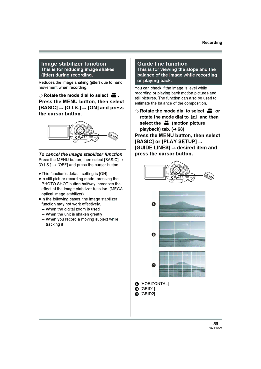 Panasonic HDC-SD1PP Image stabilizer function, Guide line function, To cancel the image stabilizer function 