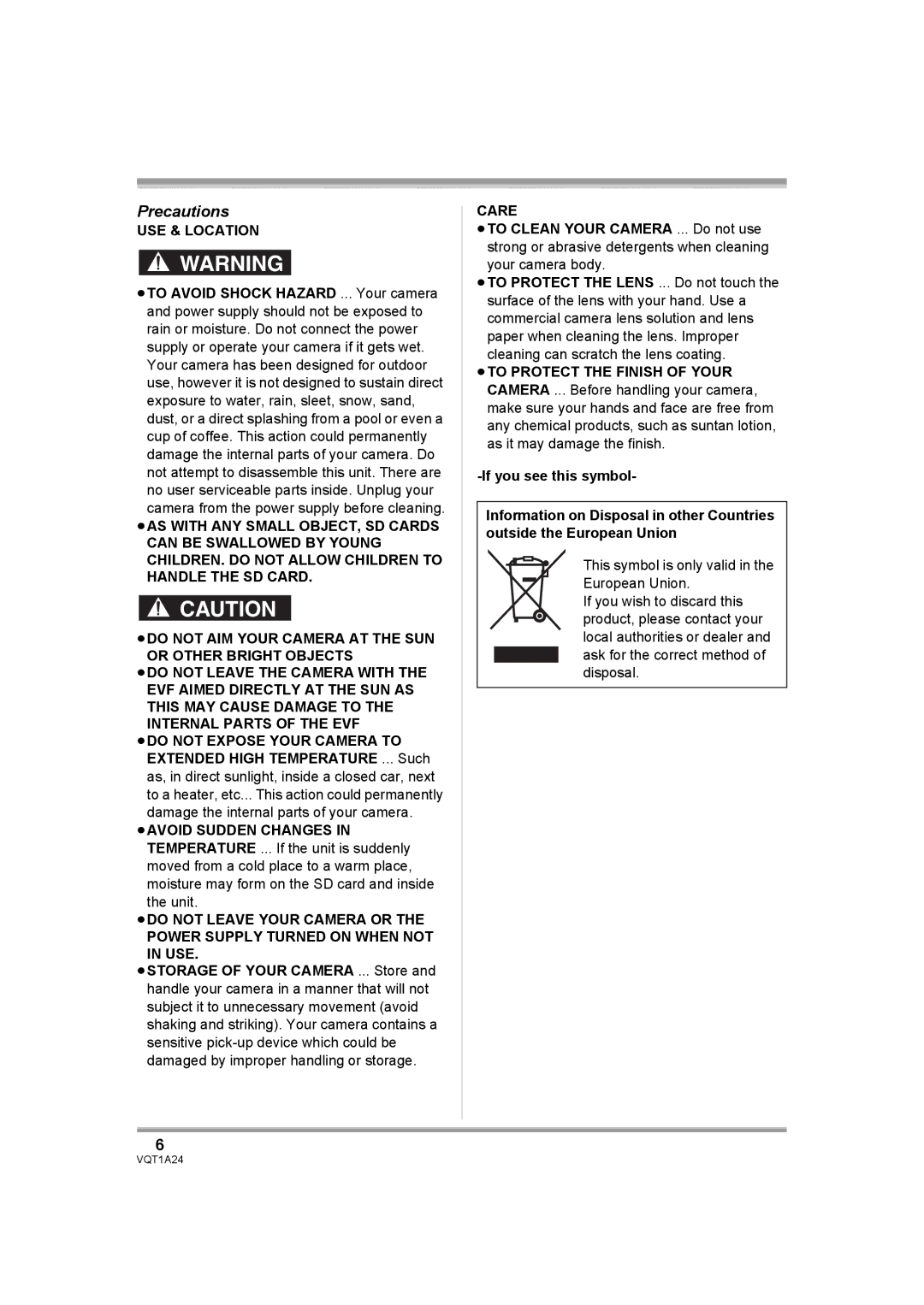 Panasonic HDC-SD1PP operating instructions Precautions, USE & Location 