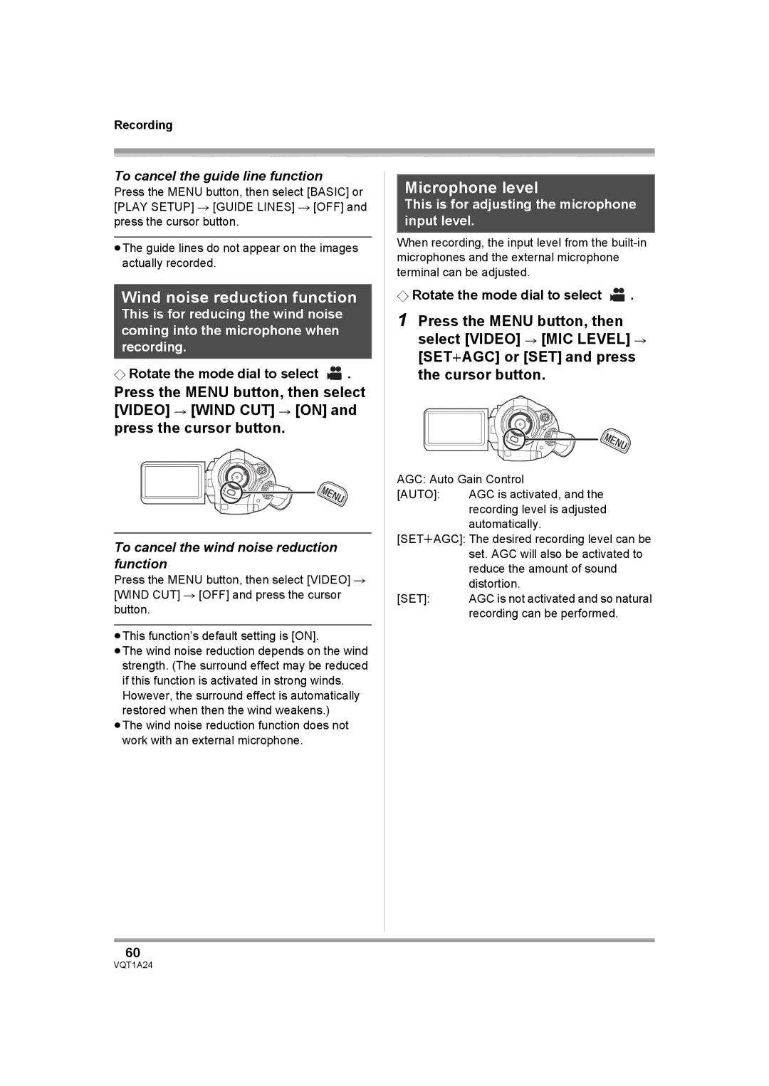 Panasonic HDC-SD1PP Wind noise reduction function, Microphone level, To cancel the guide line function 