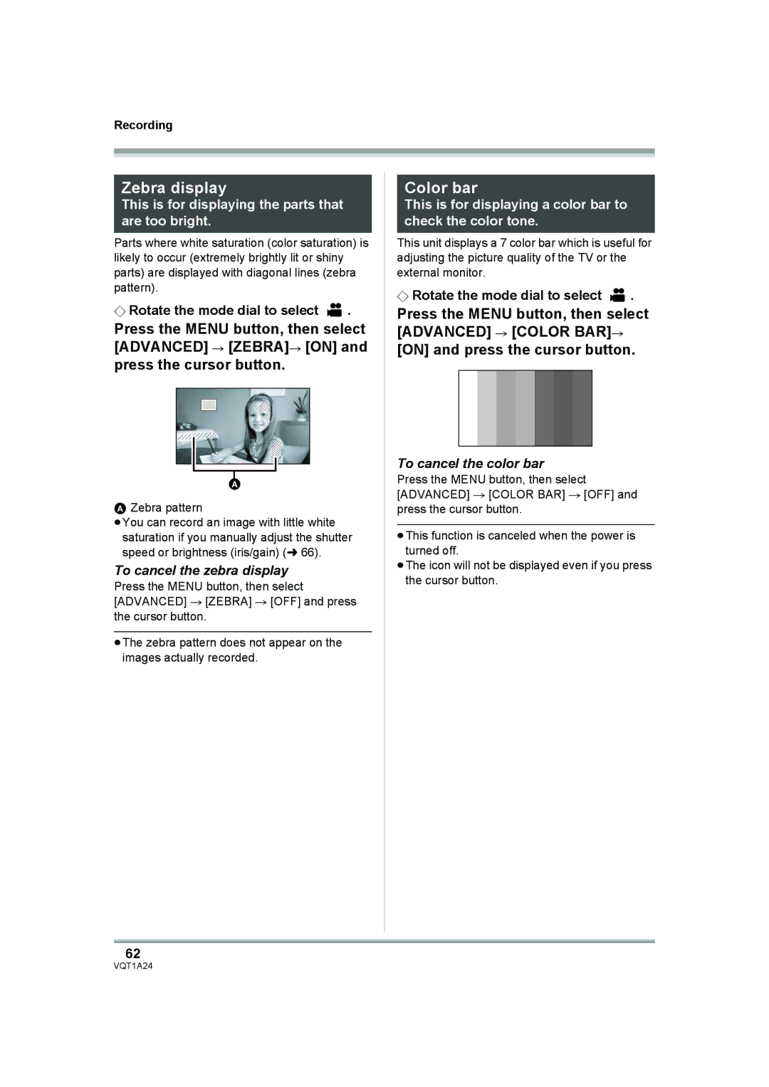 Panasonic HDC-SD1PP Zebra display, Color bar, To cancel the zebra display, To cancel the color bar, Zebra pattern 