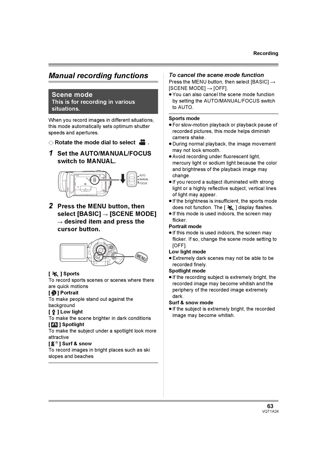 Panasonic HDC-SD1PP Manual recording functions, Scene mode, Set the AUTO/MANUAL/FOCUS switch to Manual 