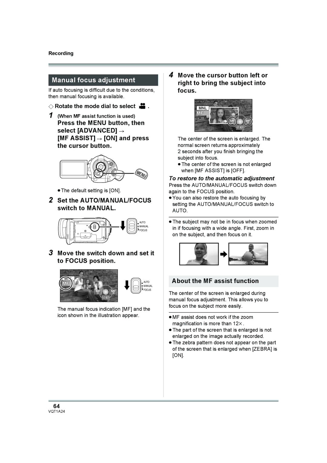 Panasonic HDC-SD1PP operating instructions Manual focus adjustment, Move the switch down and set it to Focus position 