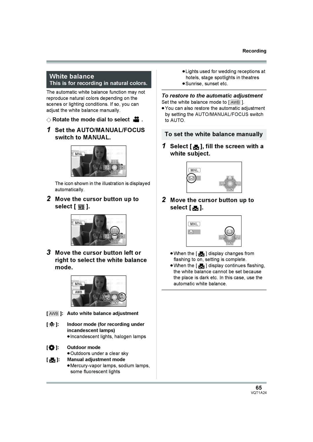 Panasonic HDC-SD1PP operating instructions White balance 