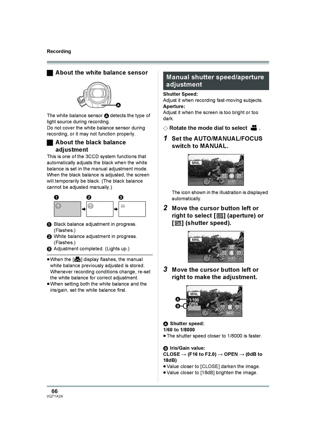 Panasonic HDC-SD1PP operating instructions Manual shutter speed/aperture adjustment, About the white balance sensor 