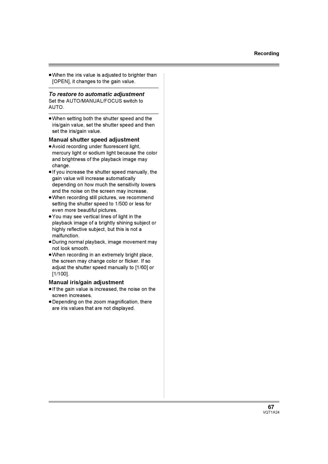 Panasonic HDC-SD1PP To restore to automatic adjustment, Manual shutter speed adjustment, Manual iris/gain adjustment 