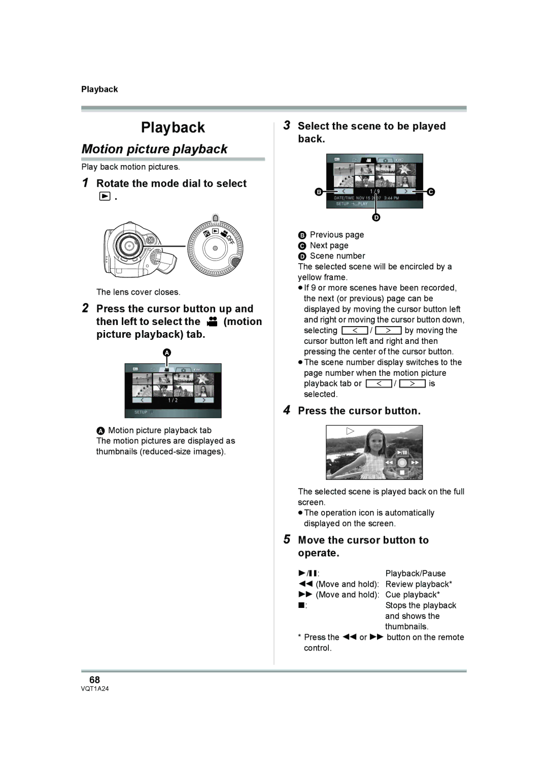 Panasonic HDC-SD1PP Motion picture playback, Select the scene to be played back, Press the cursor button, Playback 