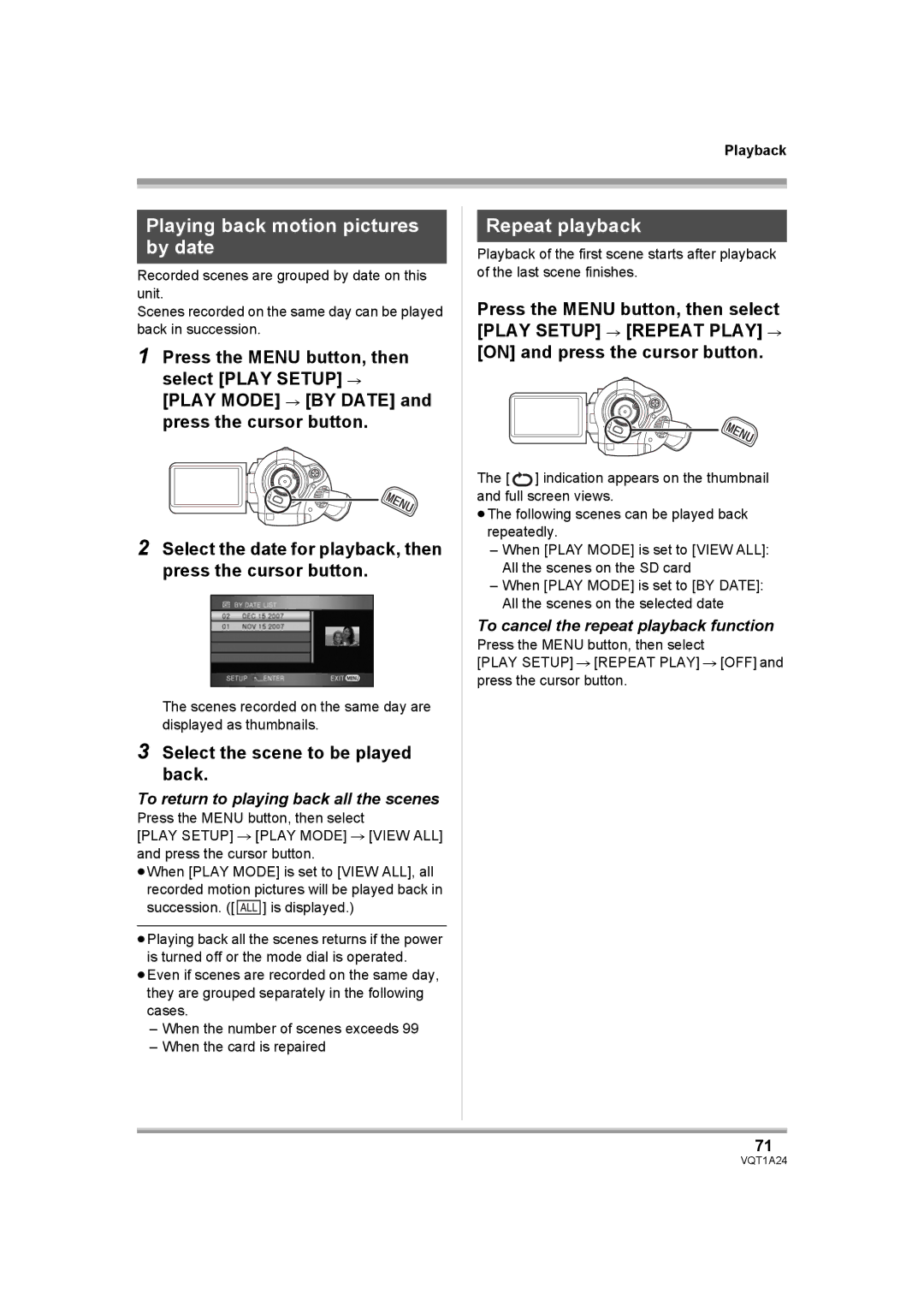 Panasonic HDC-SD1PP Playing back motion pictures by date, Repeat playback, To return to playing back all the scenes 