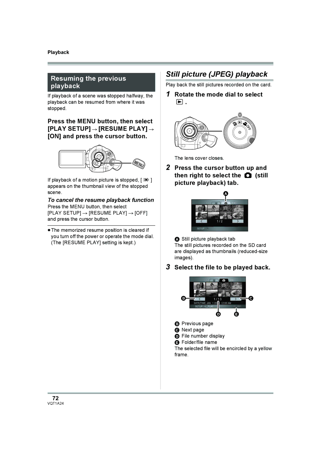 Panasonic HDC-SD1PP Still picture Jpeg playback, Resuming the previous playback, Select the file to be played back 