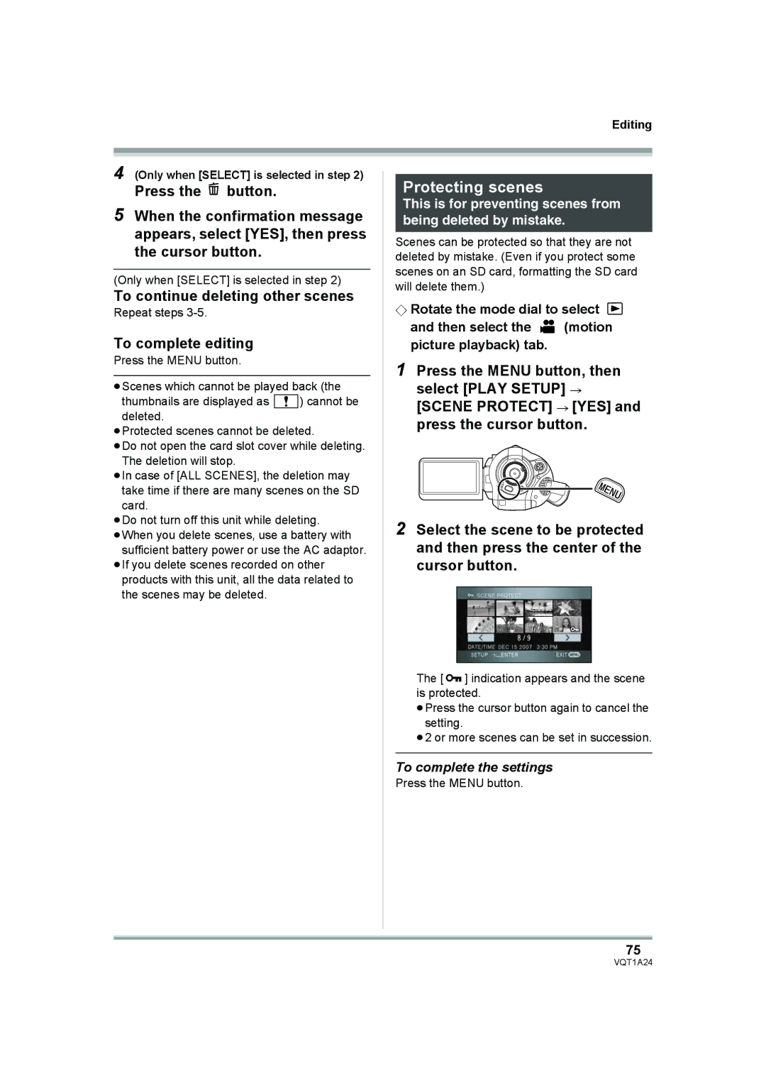 Panasonic HDC-SD1PP Protecting scenes, To continue deleting other scenes, To complete editing, To complete the settings 