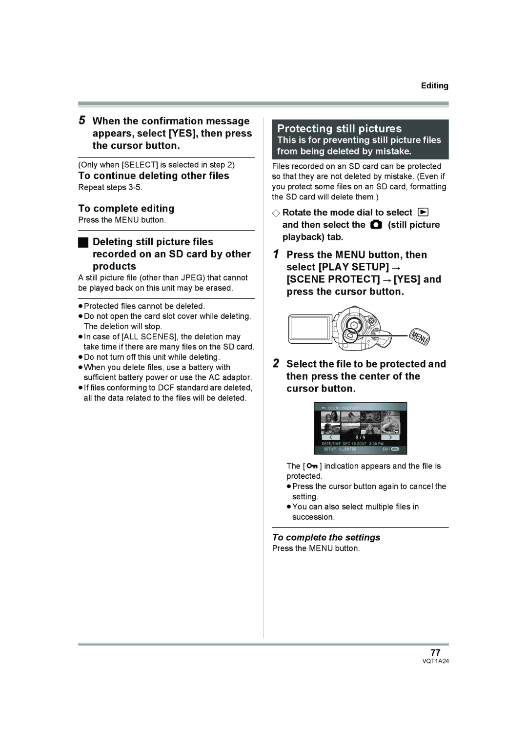 Panasonic HDC-SD1PP operating instructions Protecting still pictures, To continue deleting other files 