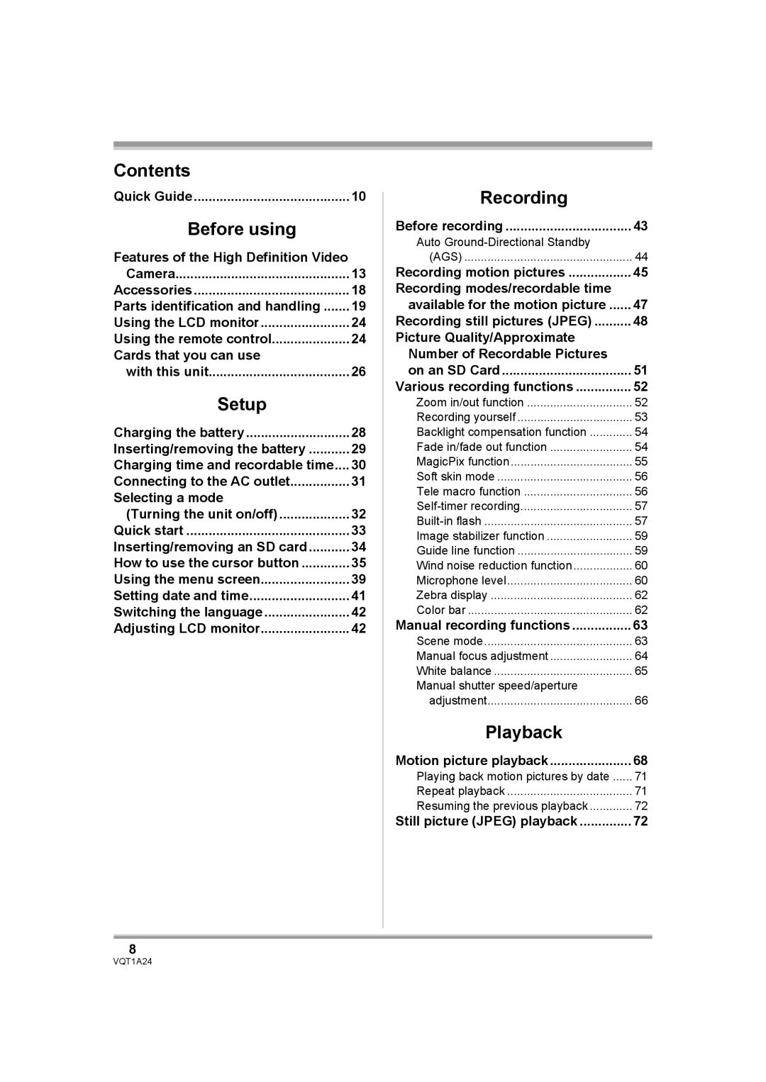 Panasonic HDC-SD1PP Quick Guide, Before recording, Manual recording functions, Motion picture playback 