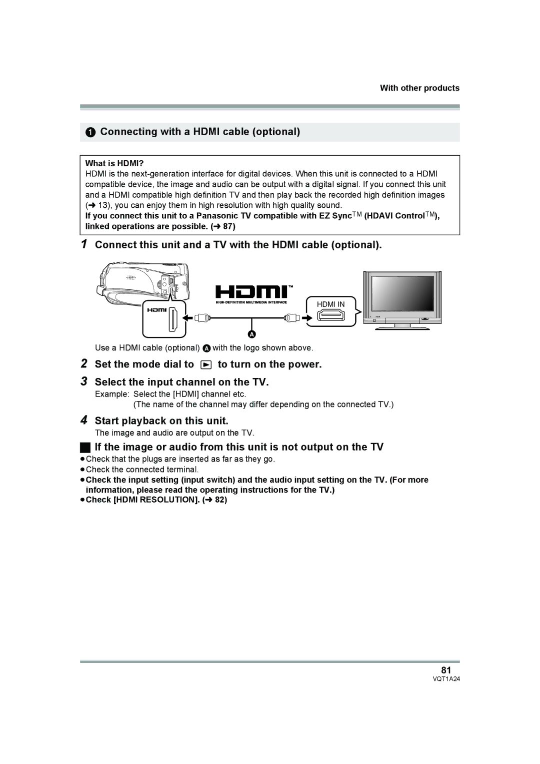 Panasonic HDC-SD1PP Connecting with a Hdmi cable optional, Connect this unit and a TV with the Hdmi cable optional 