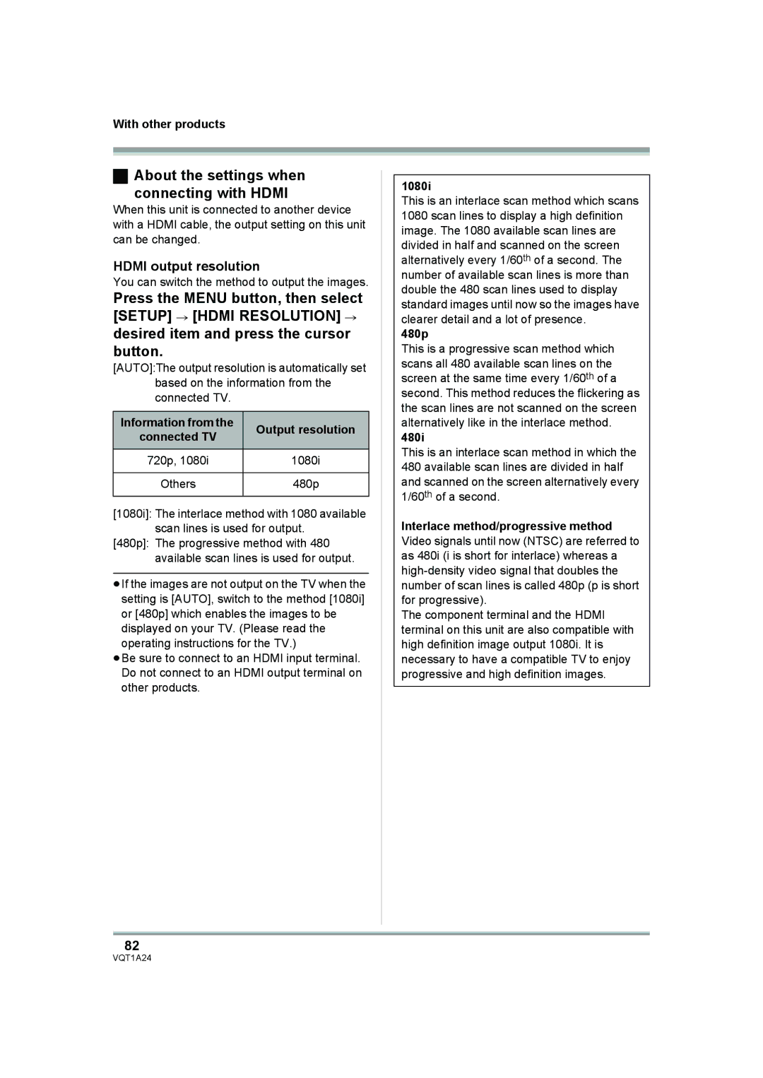 Panasonic HDC-SD1PP operating instructions About the settings when Connecting with Hdmi, Hdmi output resolution 