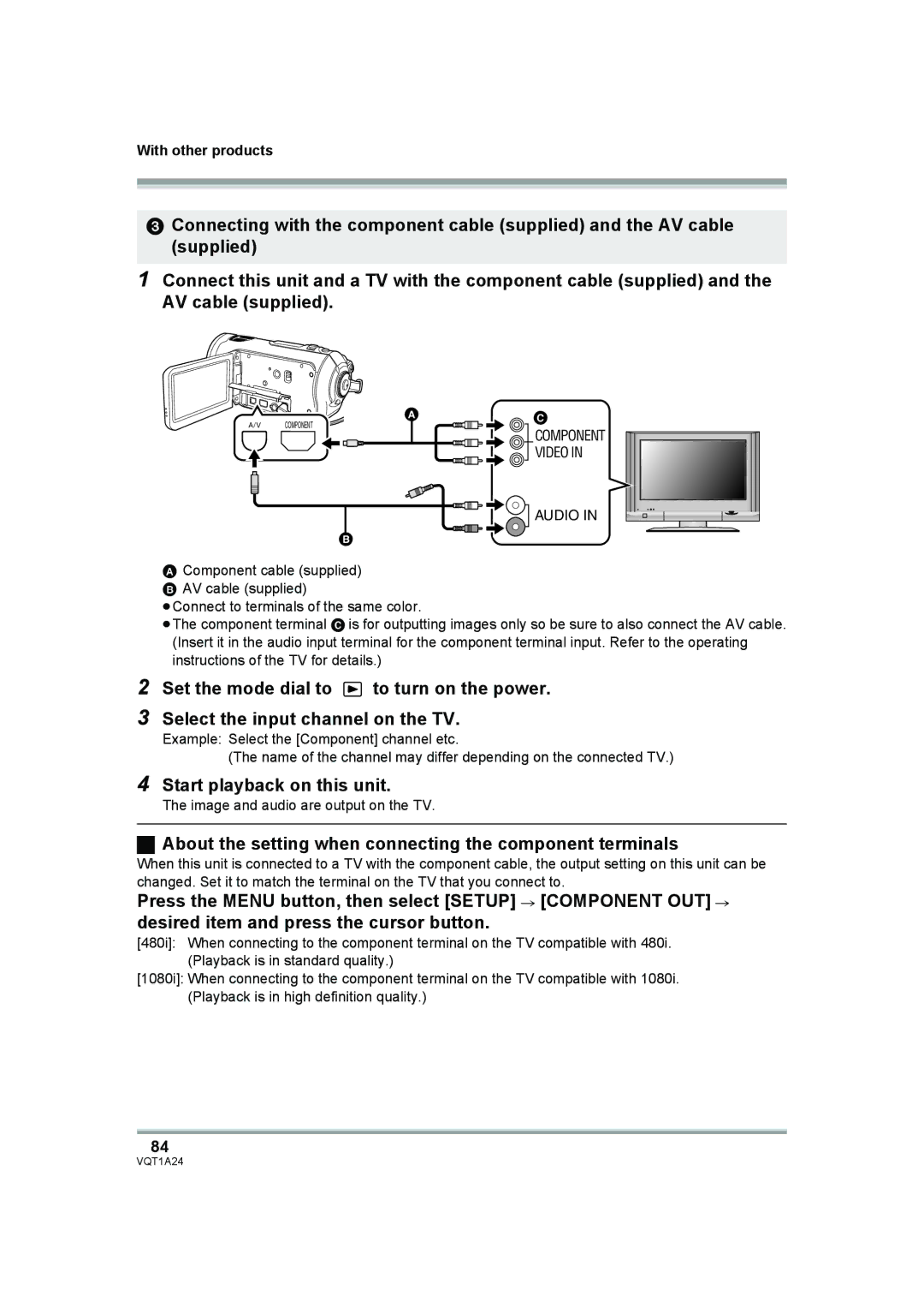 Panasonic HDC-SD1PP operating instructions About the setting when connecting the component terminals, Component Video Audio 