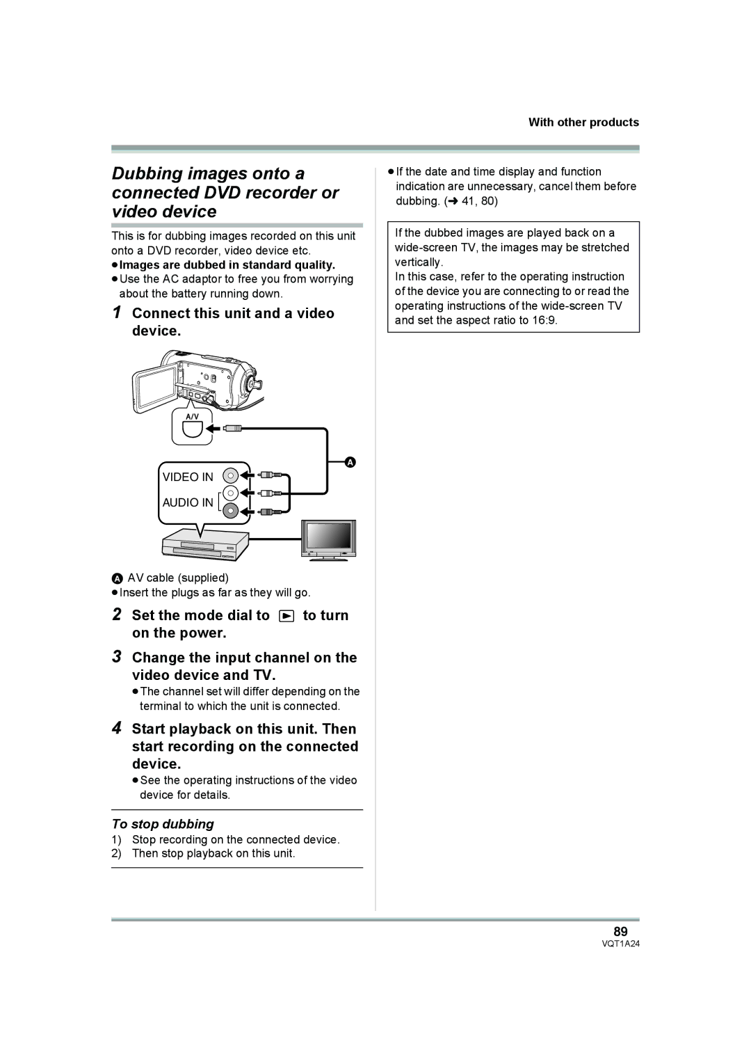 Panasonic HDC-SD1PP Connect this unit and a video device, To stop dubbing, About the battery running down 