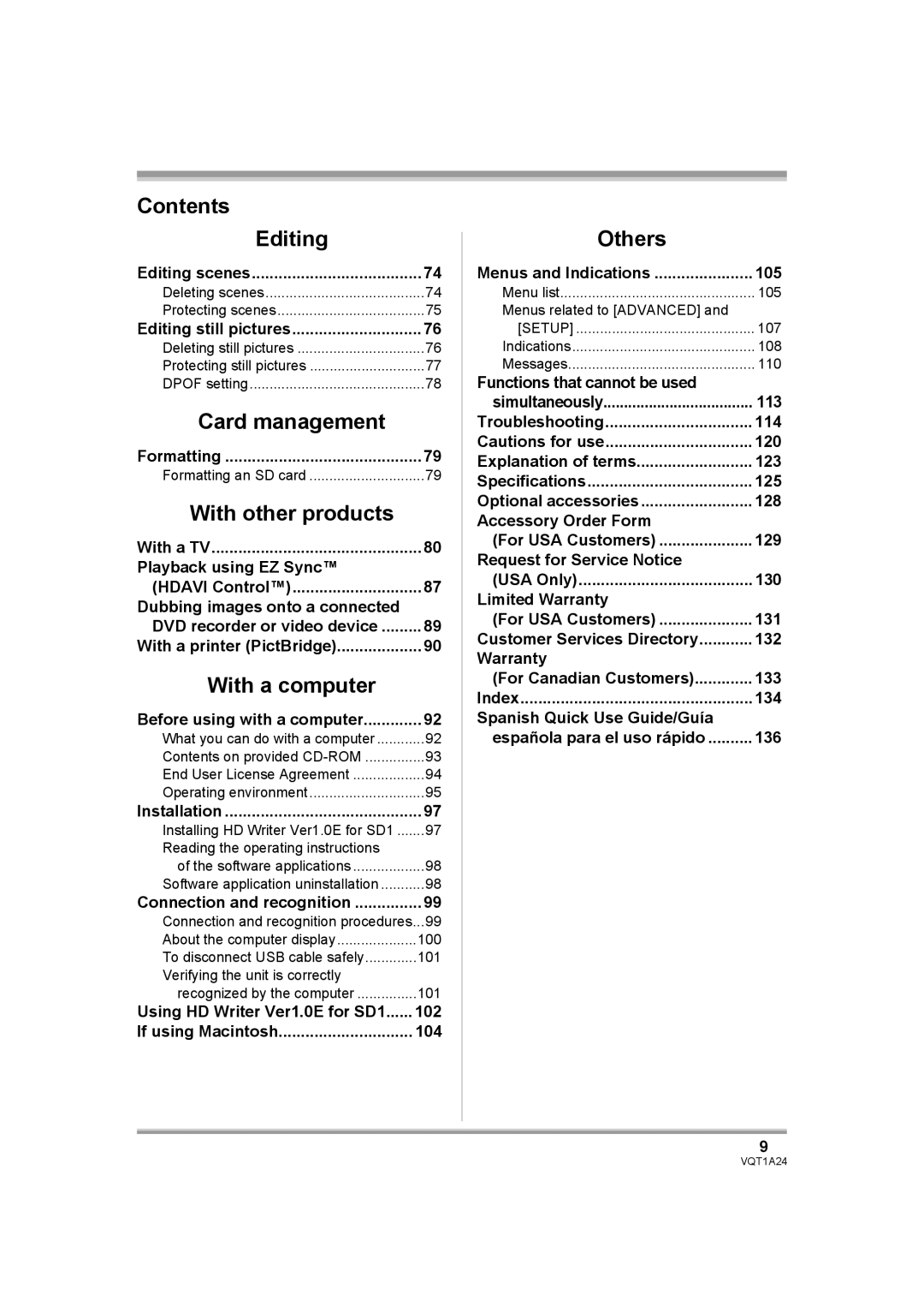 Panasonic HDC-SD1PP operating instructions Contents Editing 