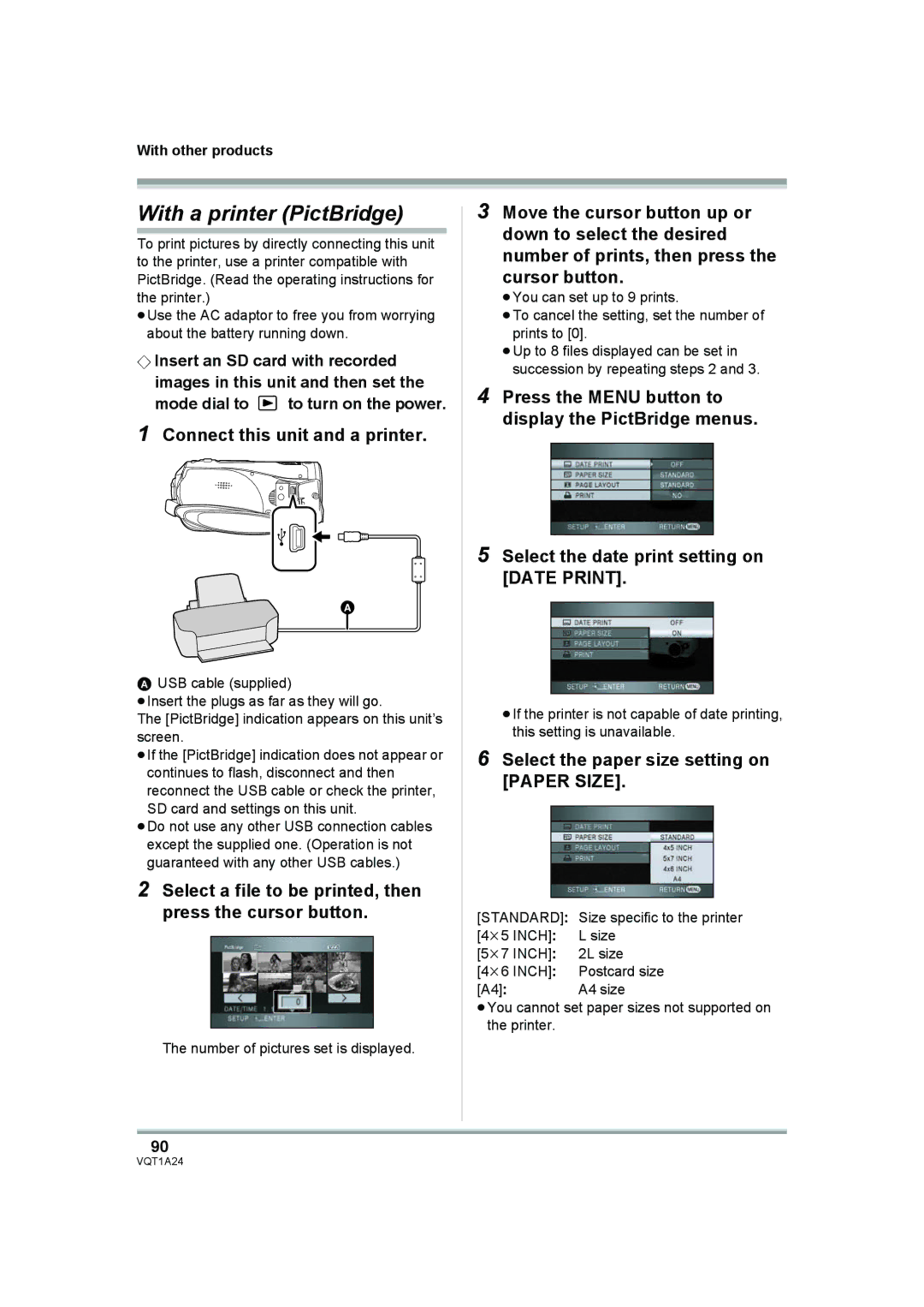 Panasonic HDC-SD1PP operating instructions With a printer PictBridge, Connect this unit and a printer 