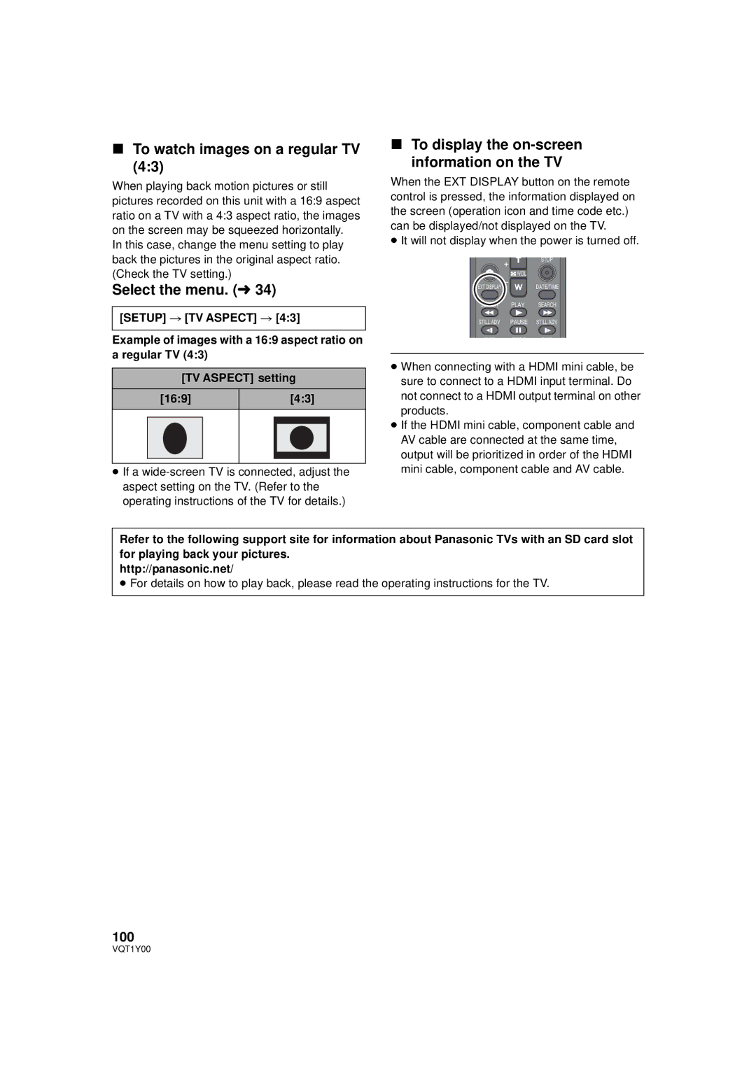 Panasonic HDC-HS20PC, HDC-SD20P To watch images on a regular TV, To display the on-screen information on the TV, 100 