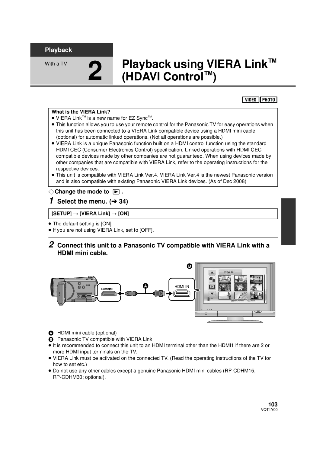 Panasonic HDC-SD20PC Playback using Viera Link, Hdavi Control, 103, What is the Viera Link?, Setup # Viera Link # on 