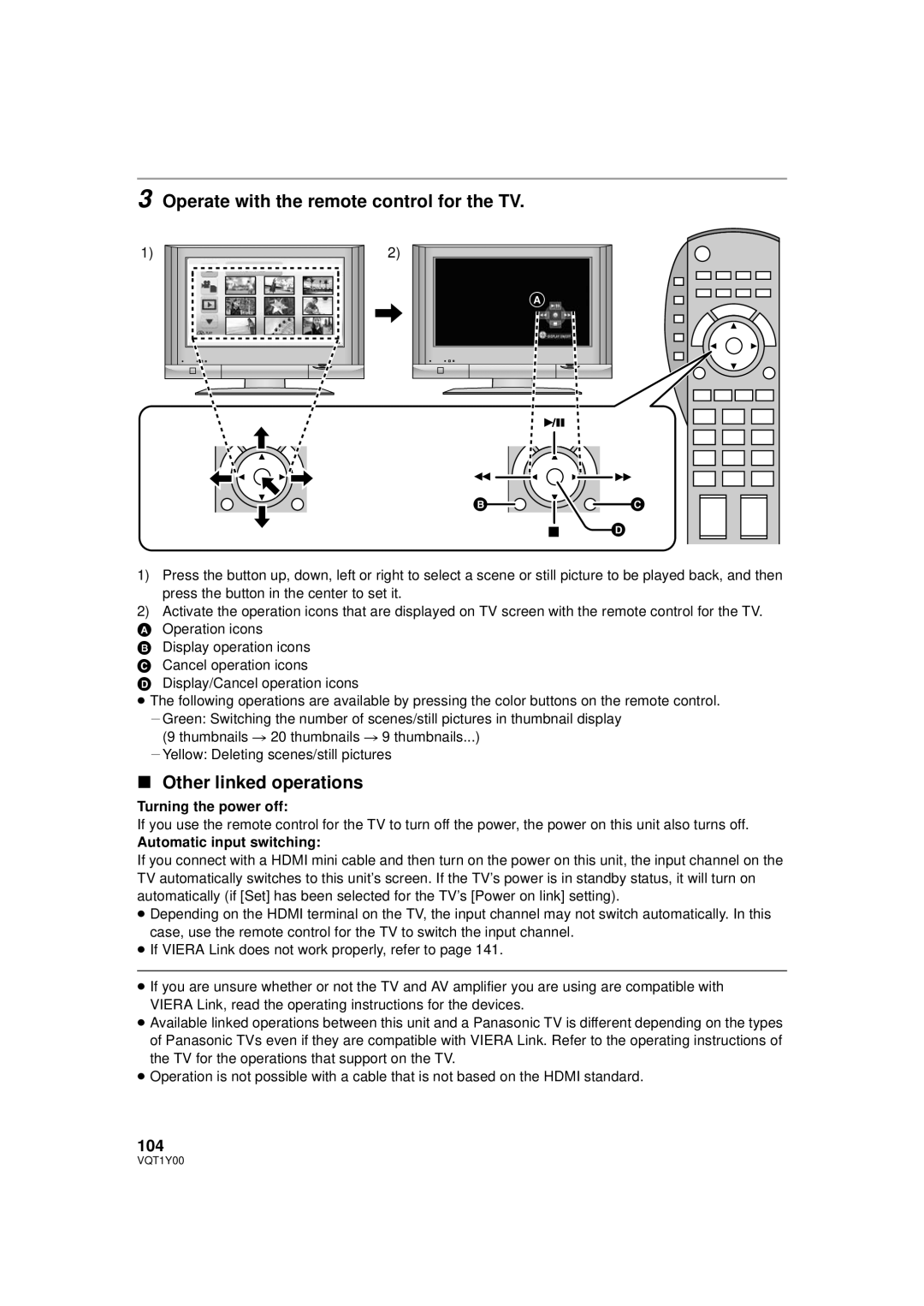 Panasonic HDC-TM20PC, HDC-SD20PC, HDC-HS20PC Operate with the remote control for the TV, Other linked operations, 104 