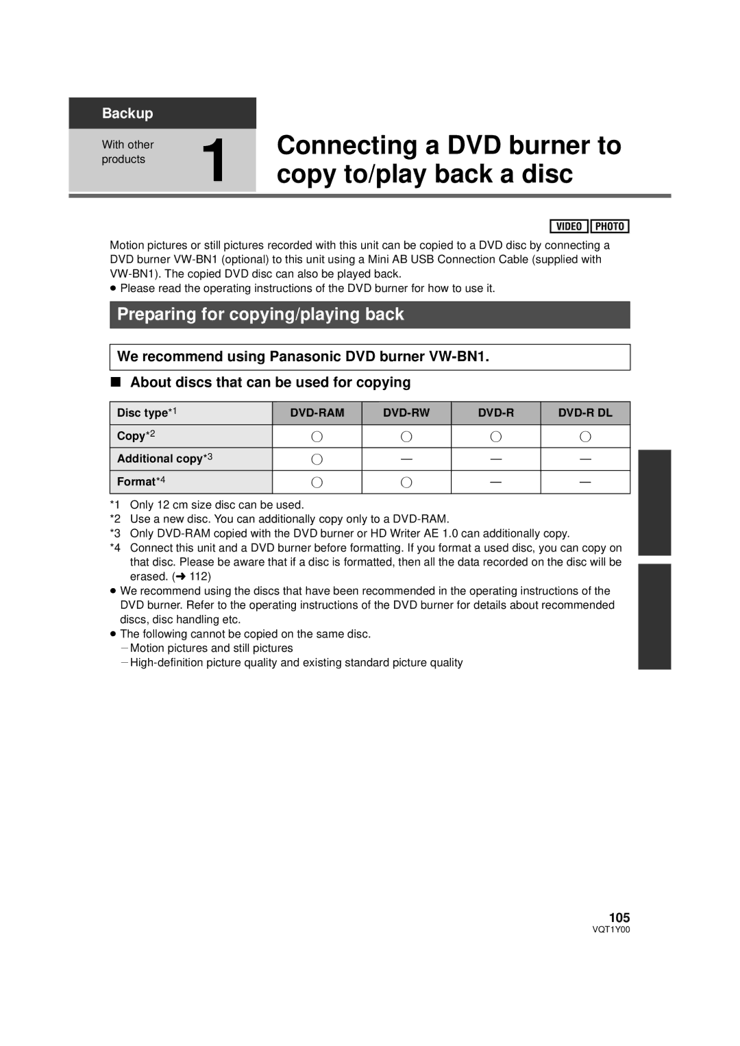 Panasonic HDC-TM20P Connecting a DVD burner to, Copy to/play back a disc, Preparing for copying/playing back, 105 