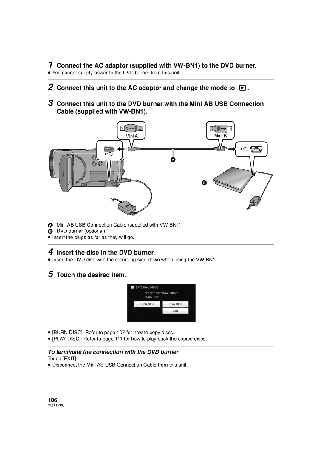 Panasonic HDC-HS20PC, HDC-SD20PC, HDC-TM20PC operating instructions Insert the disc in the DVD burner, 106 