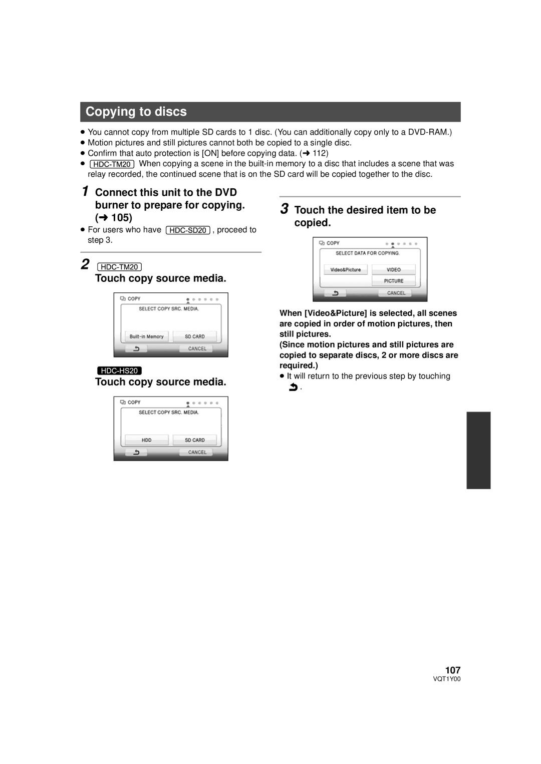 Panasonic HDC-HS20P, HDC-SD20P Copying to discs, Touch copy source media Touch the desired item to be copied, 107 