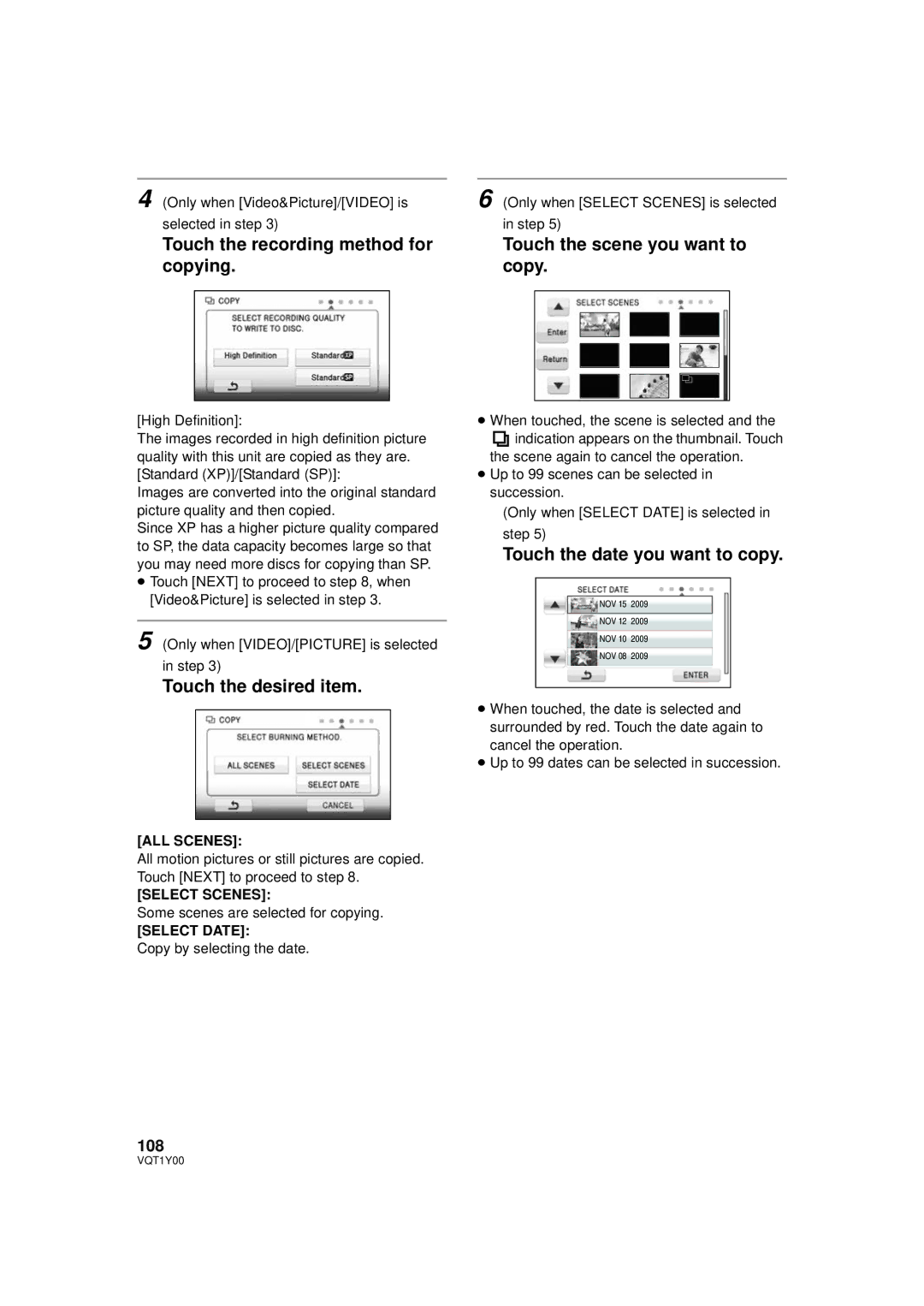 Panasonic HDC-SD20PC, HDC-TM20PC Touch the recording method for copying, Touch the scene you want to copy, 108 