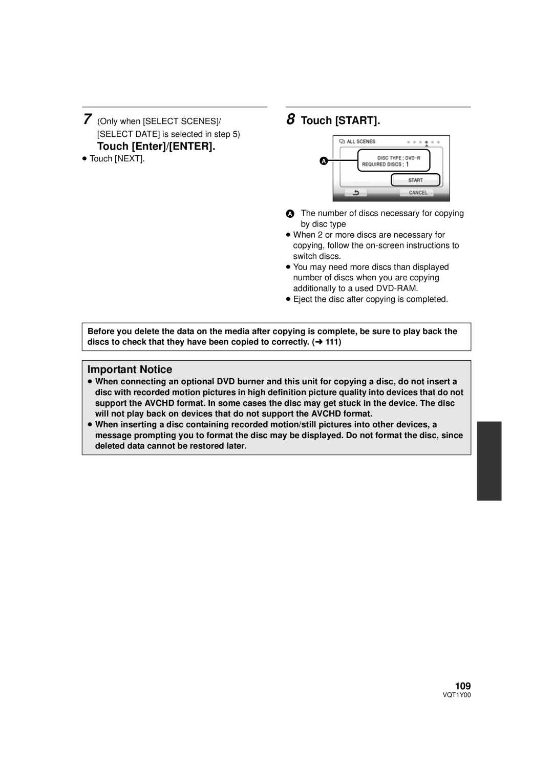 Panasonic HDC-SD20PC, HDC-TM20PC, HDC-HS20PC operating instructions Touch Enter/ENTER, Important Notice, 109 