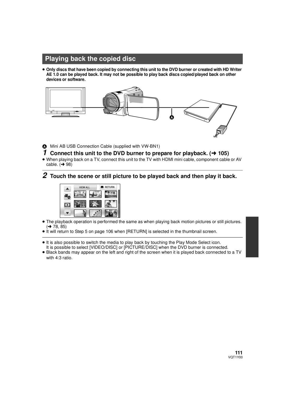 Panasonic HDC-SD20PC, HDC-TM20PC, HDC-HS20PC operating instructions Playing back the copied disc, 111 