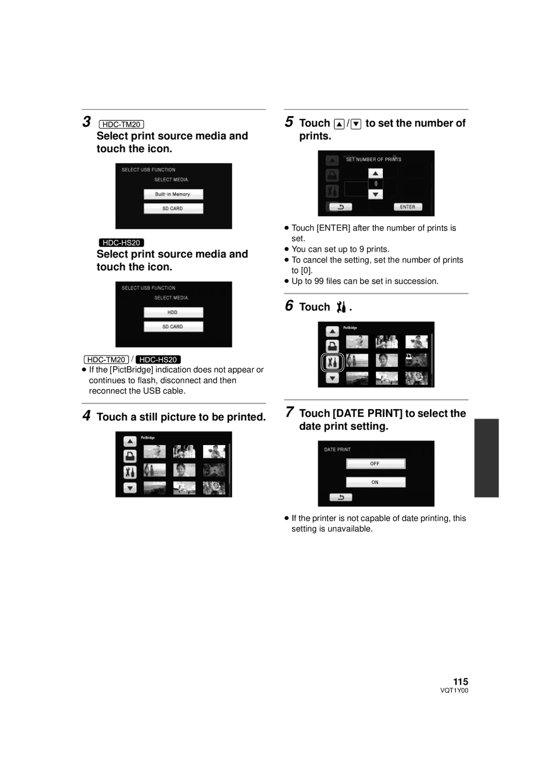 Panasonic HDC-SD20PC Select print source media and touch the icon, Touch Touch Date Print to select the date print setting 