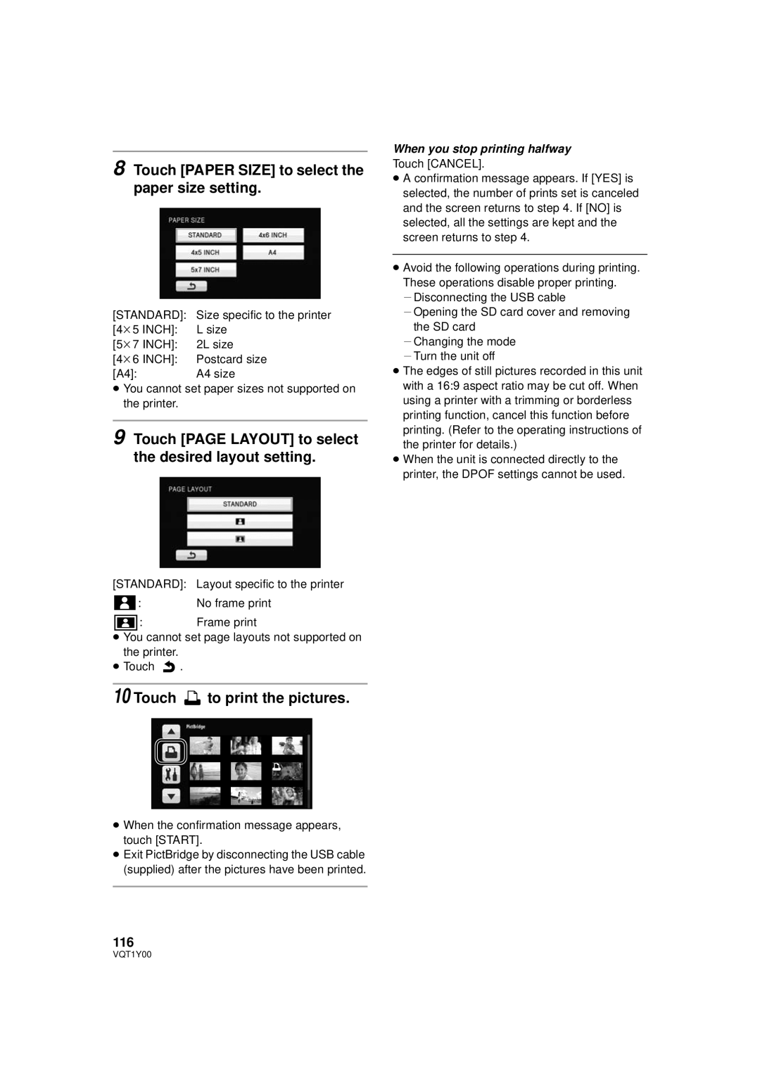 Panasonic HDC-TM20PC, HDC-SD20P Touch Paper Size to select the paper size setting, Touch to print the pictures, 116 