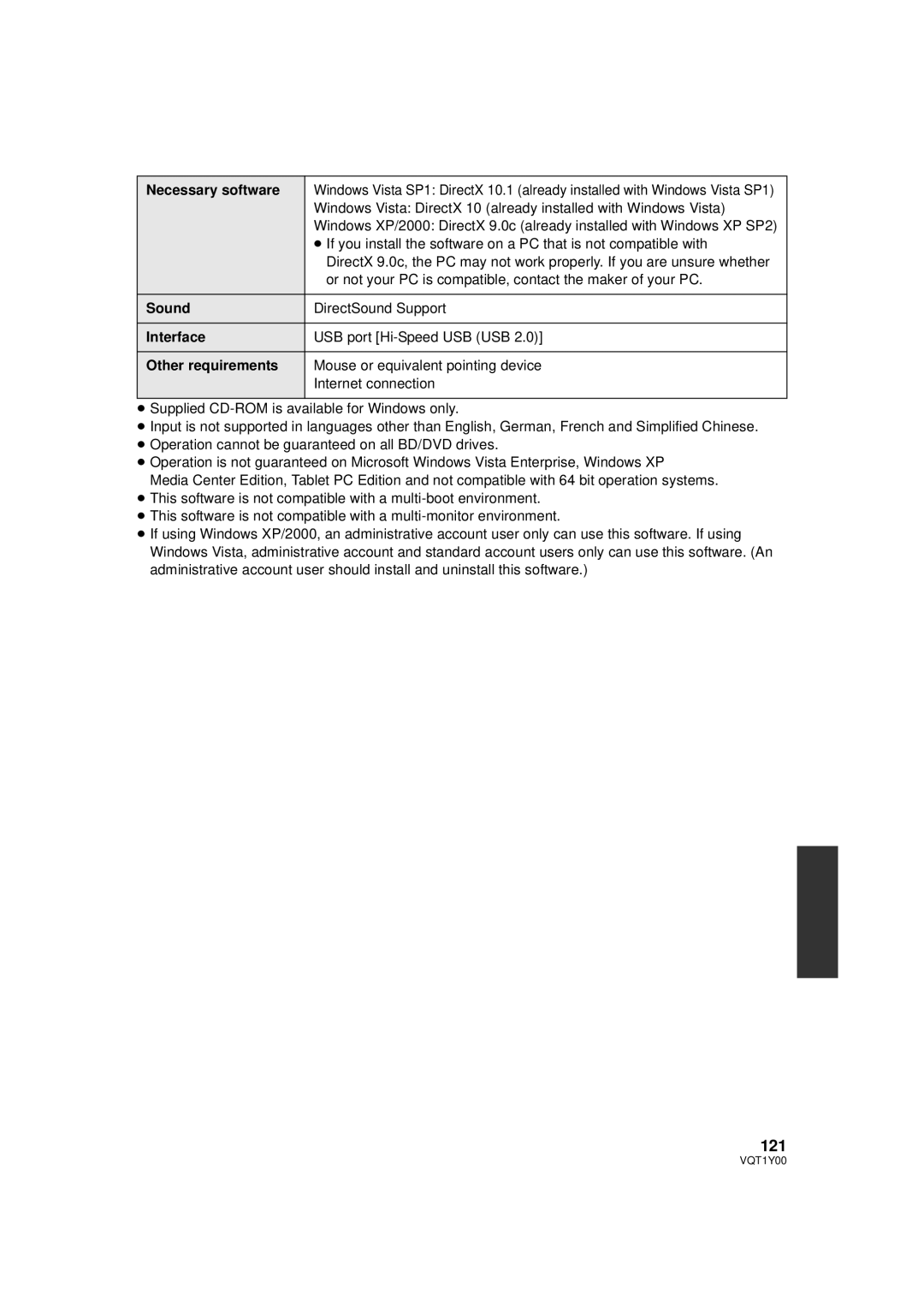 Panasonic HDC-SD20PC, HDC-TM20PC, HDC-HS20PC 121, Necessary software, Sound, Interface, Other requirements 