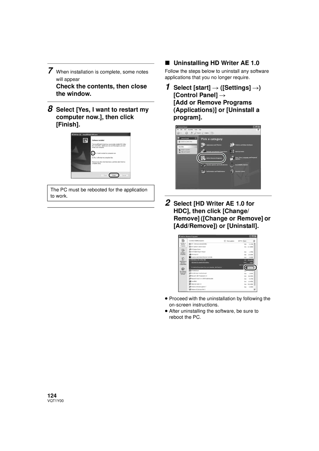 Panasonic HDC-HS20PC, HDC-SD20PC, HDC-TM20PC operating instructions Uninstalling HD Writer AE, 124 