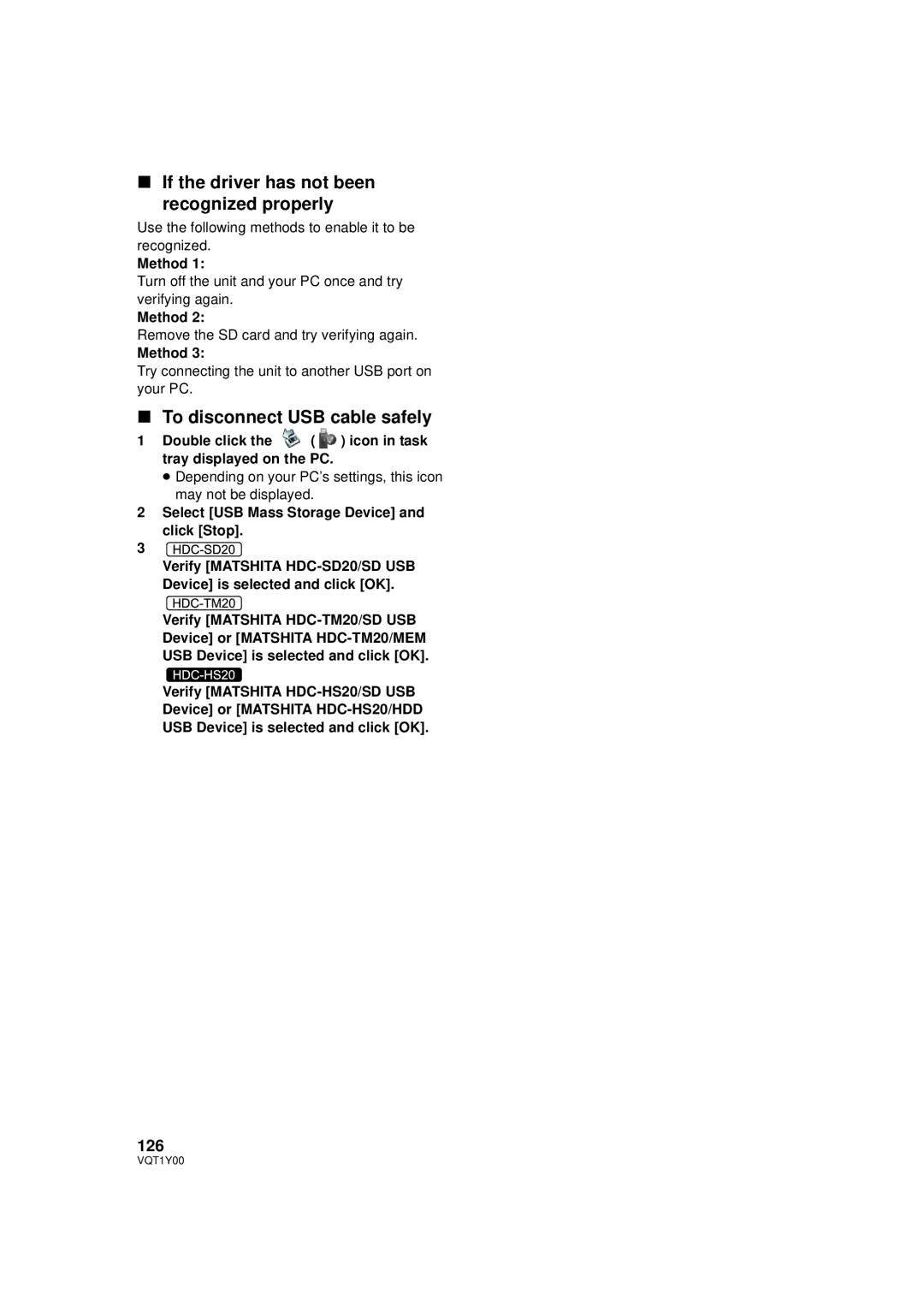 Panasonic HDC-SD20P, HDC-TM20P If the driver has not been recognized properly, To disconnect USB cable safely, 126, Method 