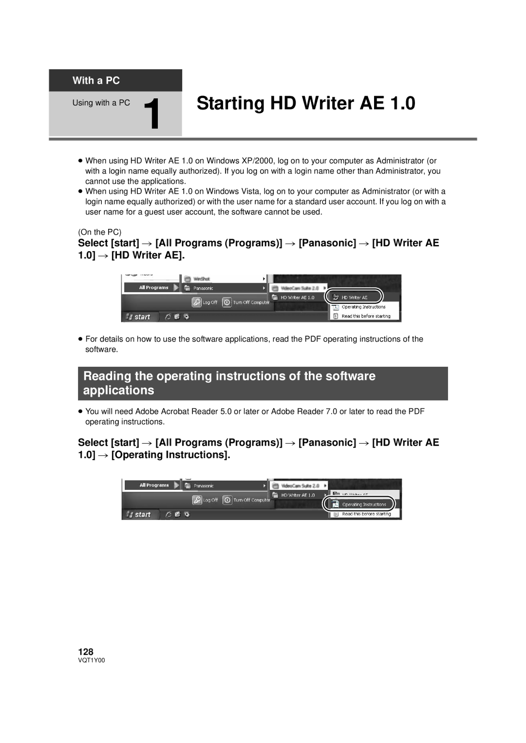 Panasonic HDC-TM20PC, HDC-SD20PC, HDC-HS20PC operating instructions Using with a PC 1 Starting HD Writer AE, 128 