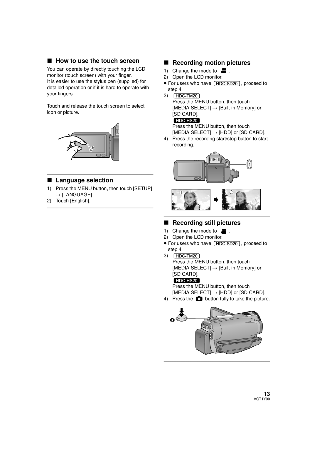 Panasonic HDC-SD20PC How to use the touch screen, Recording motion pictures, Language selection, Recording still pictures 